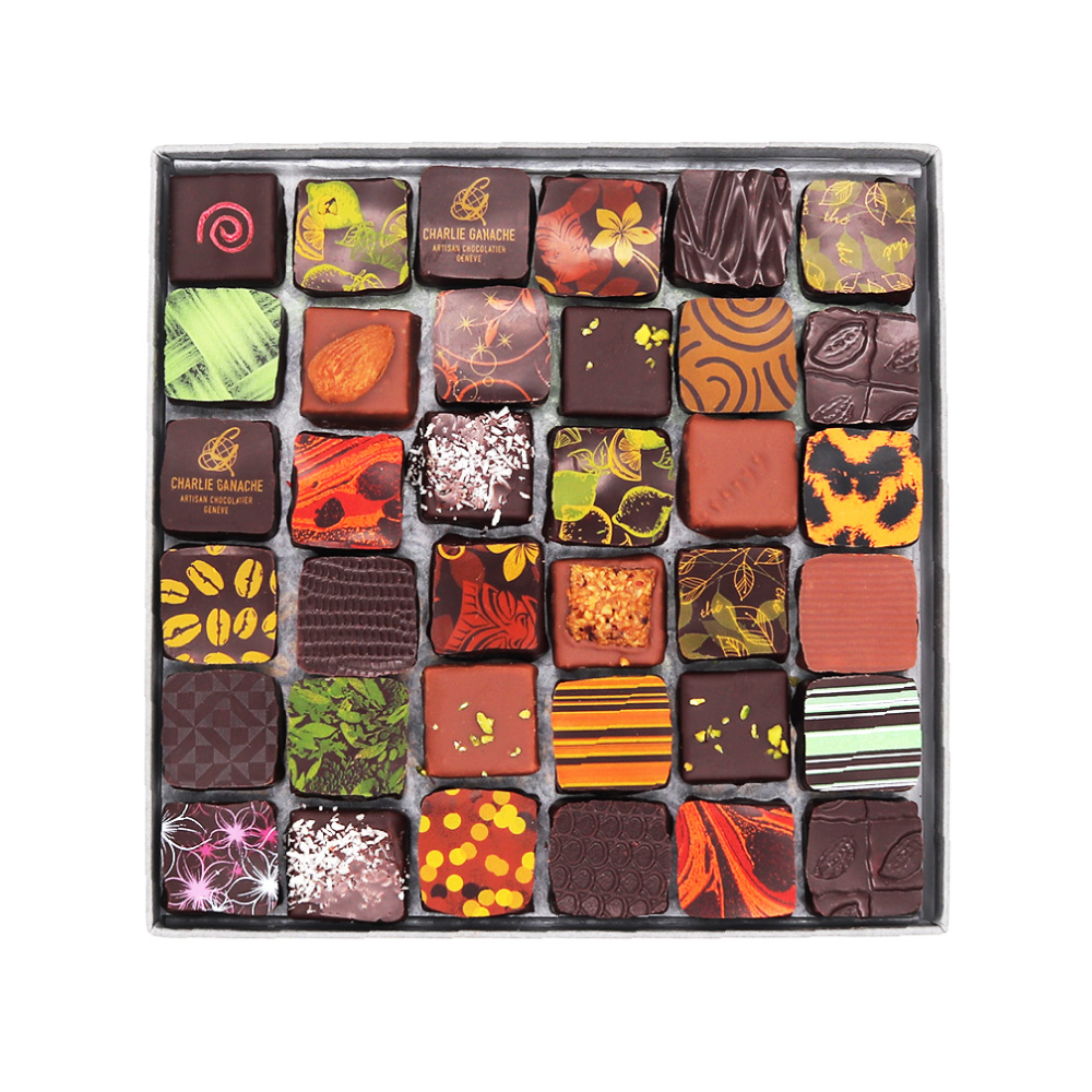 Charlie Ganache Artisan Chocolatier Genève - Coffret Émotion - Chocolats au lait et noir - 72 pièces