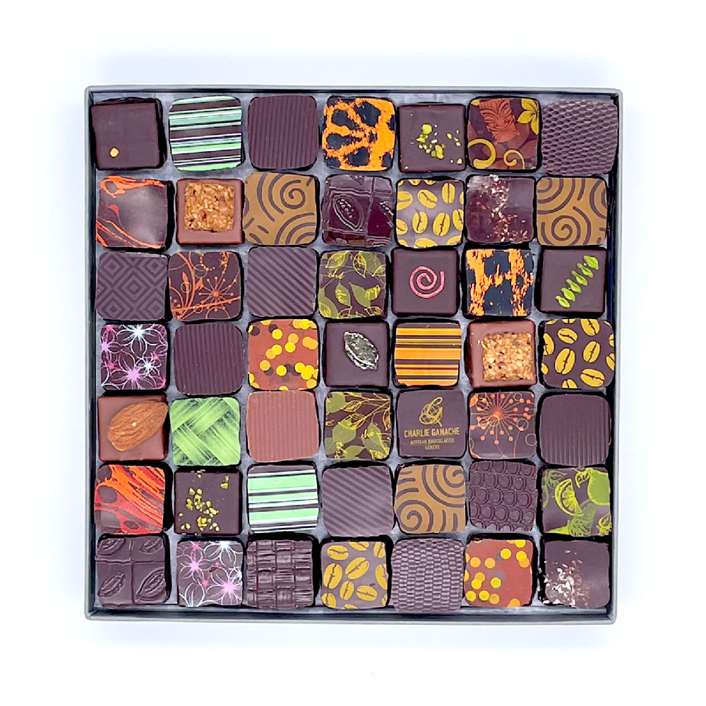 Charlie Ganache - Artisan chocolatier - Genève - Coffret Emotion noir et lait - 98 pièces