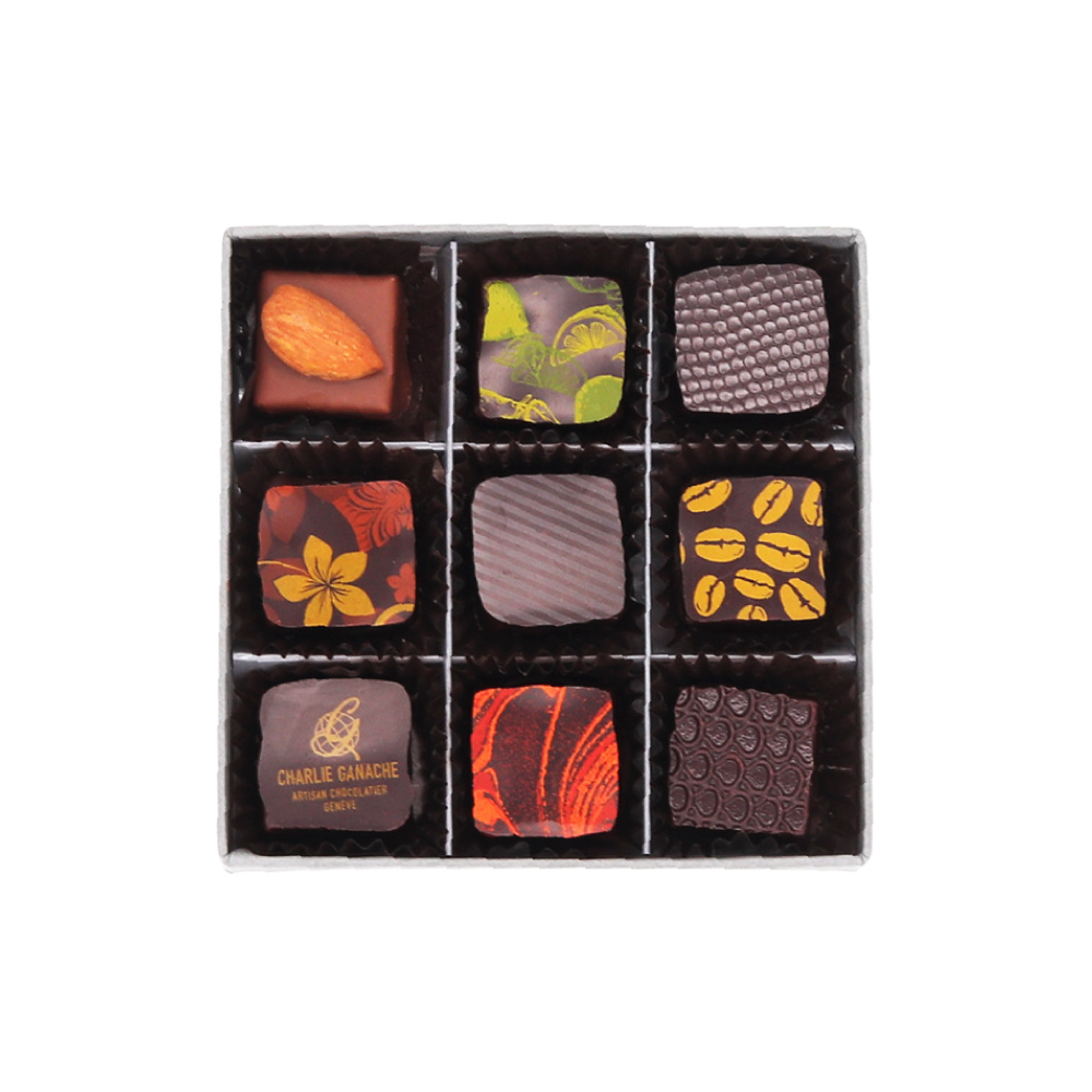 Charlie Ganache - Artisan Chocolatier Genève - Suisse - Coffret découverte - chocolat noir et lait - 9 pièces