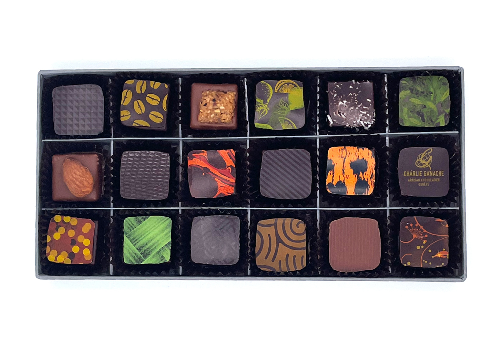 Charlie Ganache - Artisan Chocolatier - Genève - Suisse - Coffret - Découverte chocolats noir et lait - 18 pièces