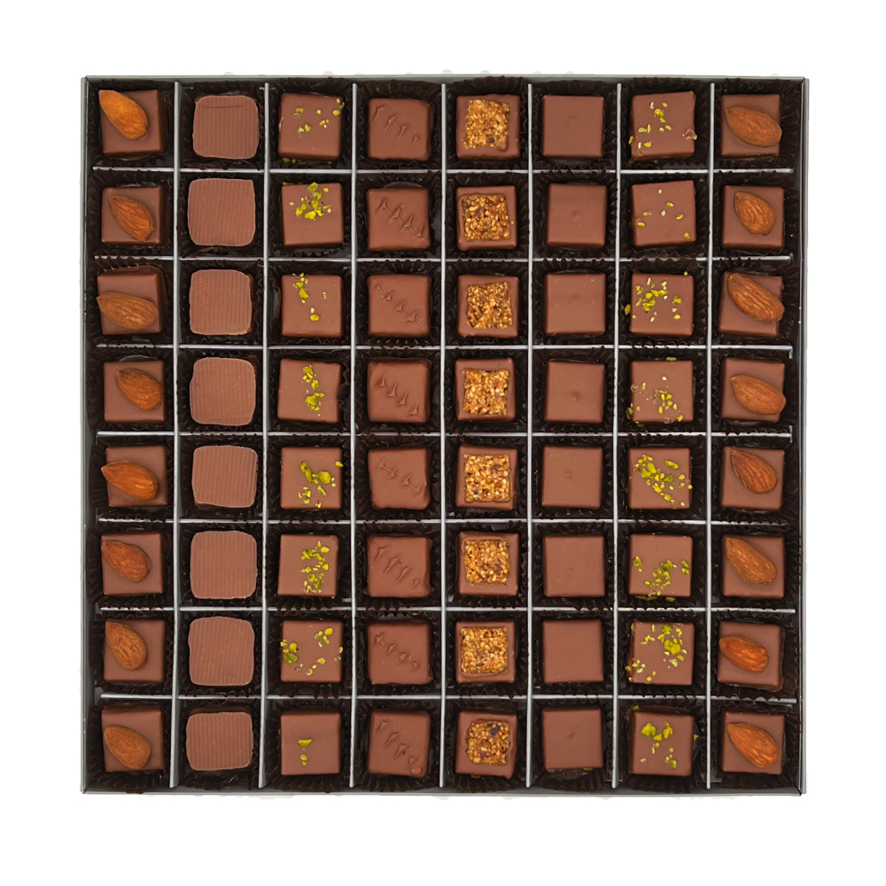 Charlie Ganache Artisan Chocolatier - Genève - Suisse - Coffret prestige - Chocolats au lait - 64 et 128 pièces