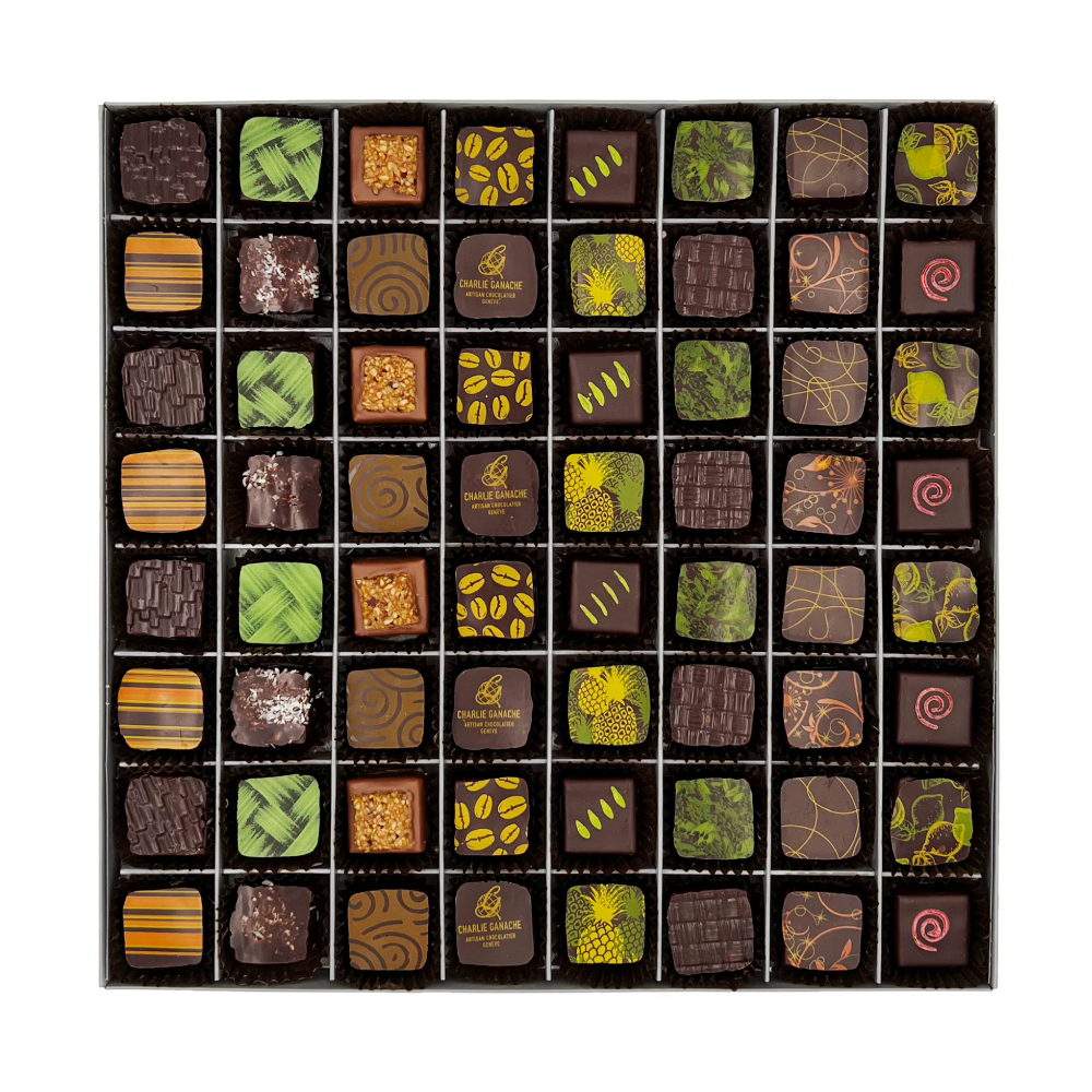 Charlie Ganache Artisan Chocolatier - Genève - Suisse - Coffret prestige - Chocolats mixte - 64 et 128 pièces